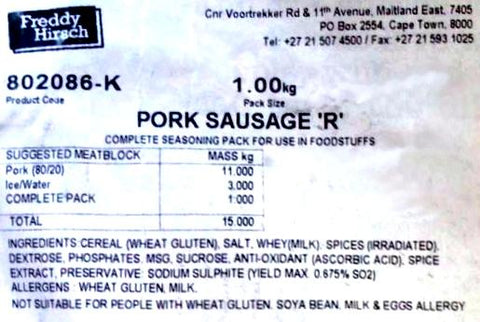 Freddy Hirsch - Spice Mix Seasoning - Pork Sausage 'R' - 1kg Bags